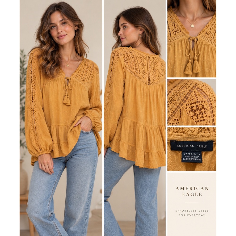 American Eagle Mustard Yellow Crochet Lace Boho Babydoll Blouse XS